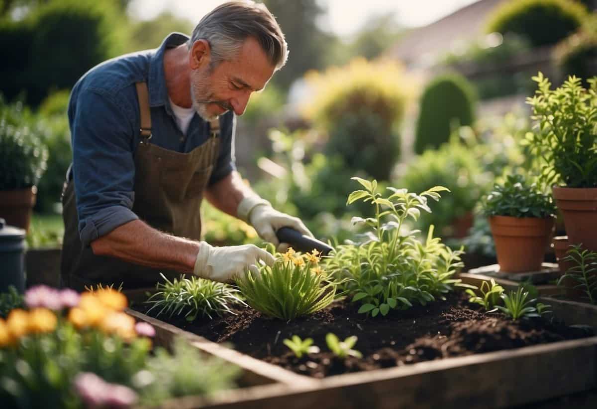 A gardener tends to a variety of plants and flowers in a well-maintained garden, using tools and expertise to ensure proper care and growth