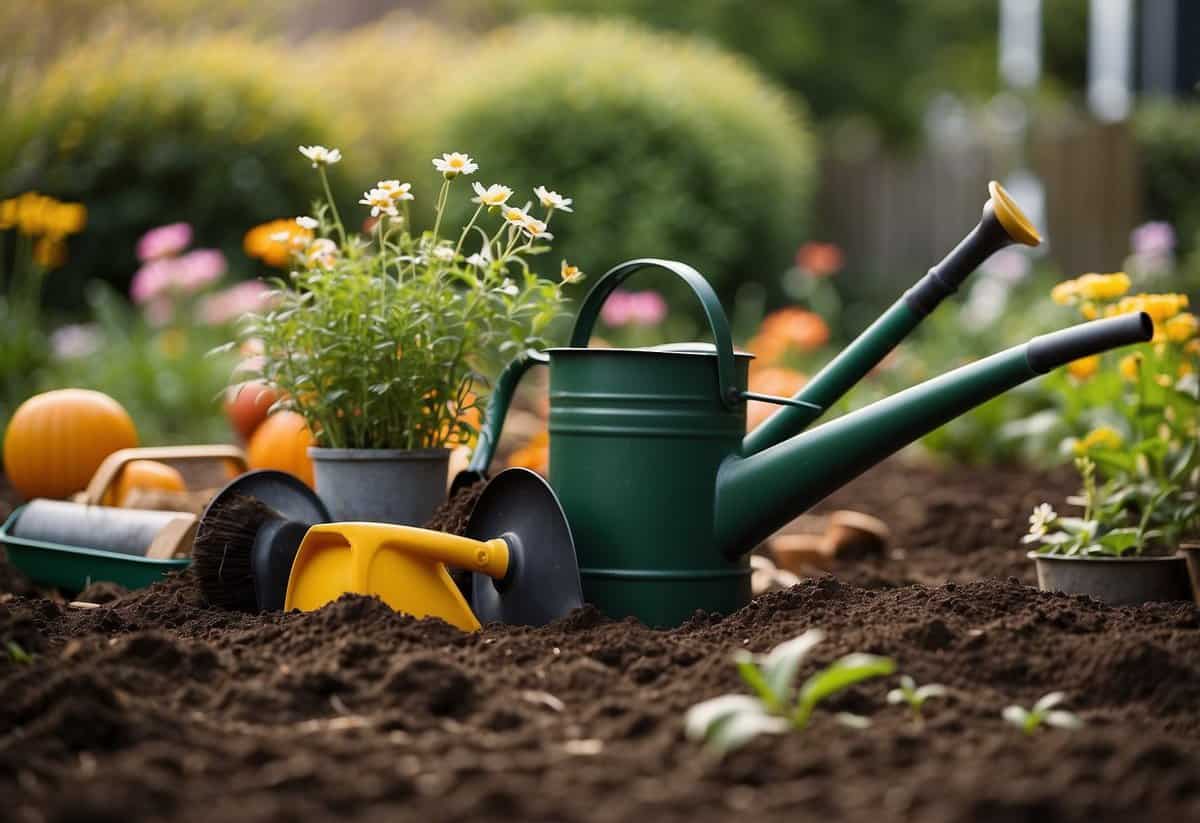 A garden with tools scattered on the ground, including a shovel, rake, and watering can. A wheelbarrow filled with soil sits nearby