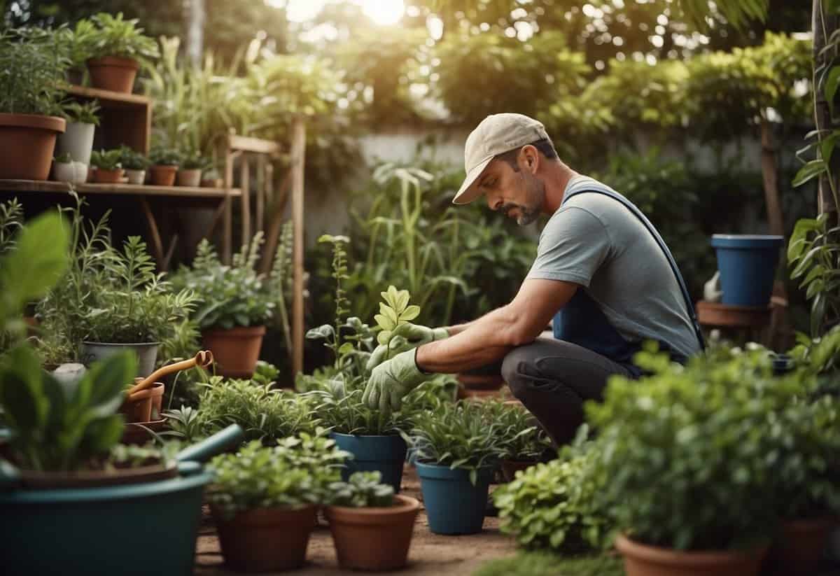 A gardener tends to lush greenery, surrounded by tools and plants, while pondering career prospects and professional development