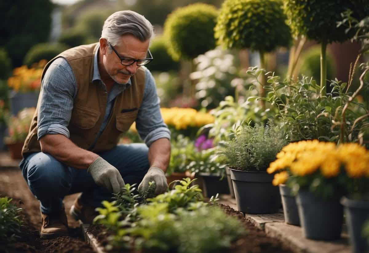 A gardener tends to a vibrant array of plants, carefully pruning and nurturing them in a well-maintained garden setting