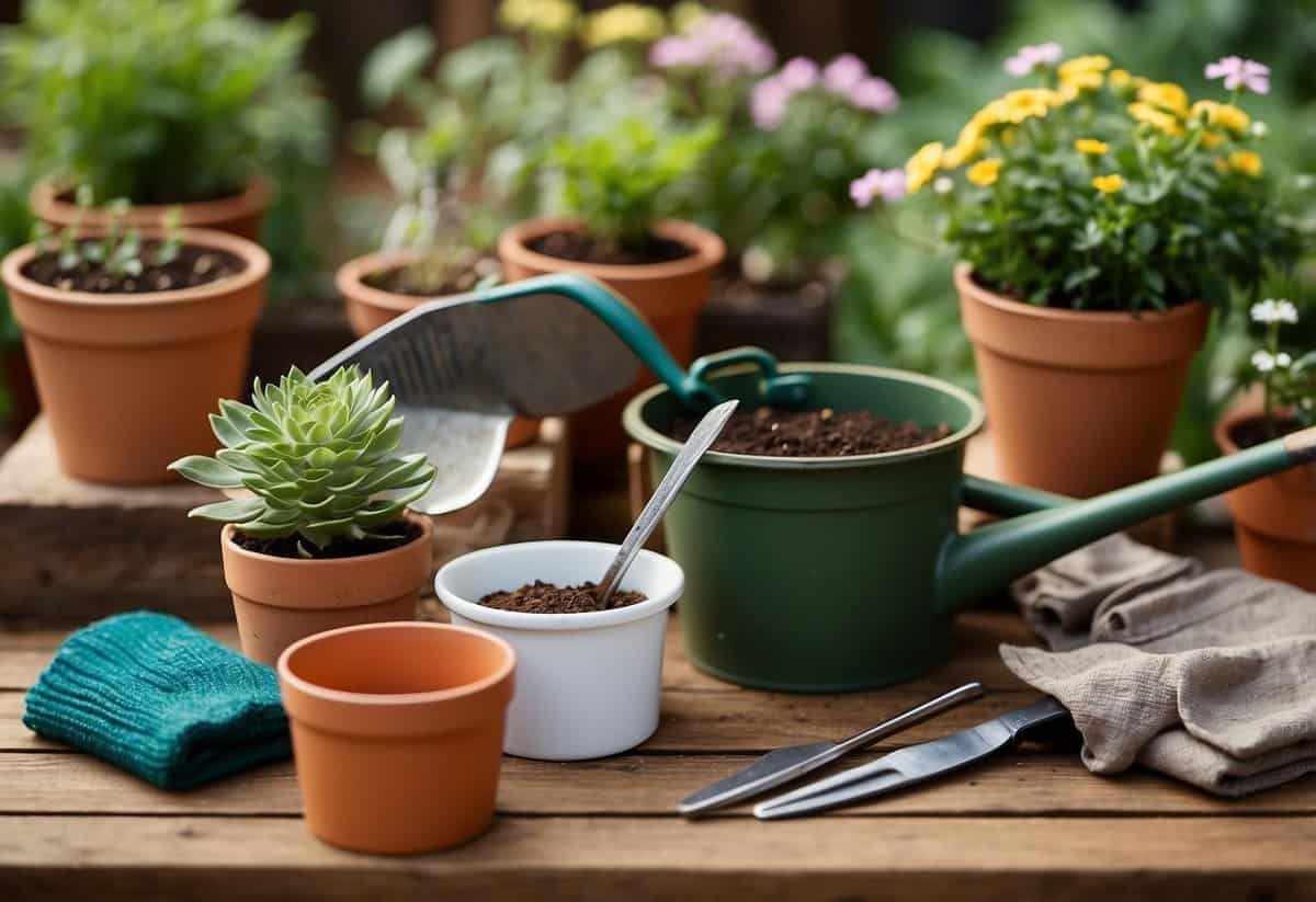 A variety of gardening tools laid out on a wooden table, including a trowel, pruners, gloves, and a watering can. Nearby are seed packets, a gardening book, and potted plants