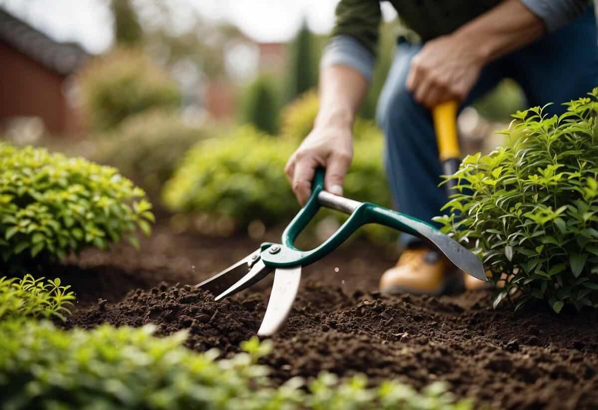 A gardener uses pruning shears to trim a bush, while a spade digs into the soil for planting. A watering can sits nearby