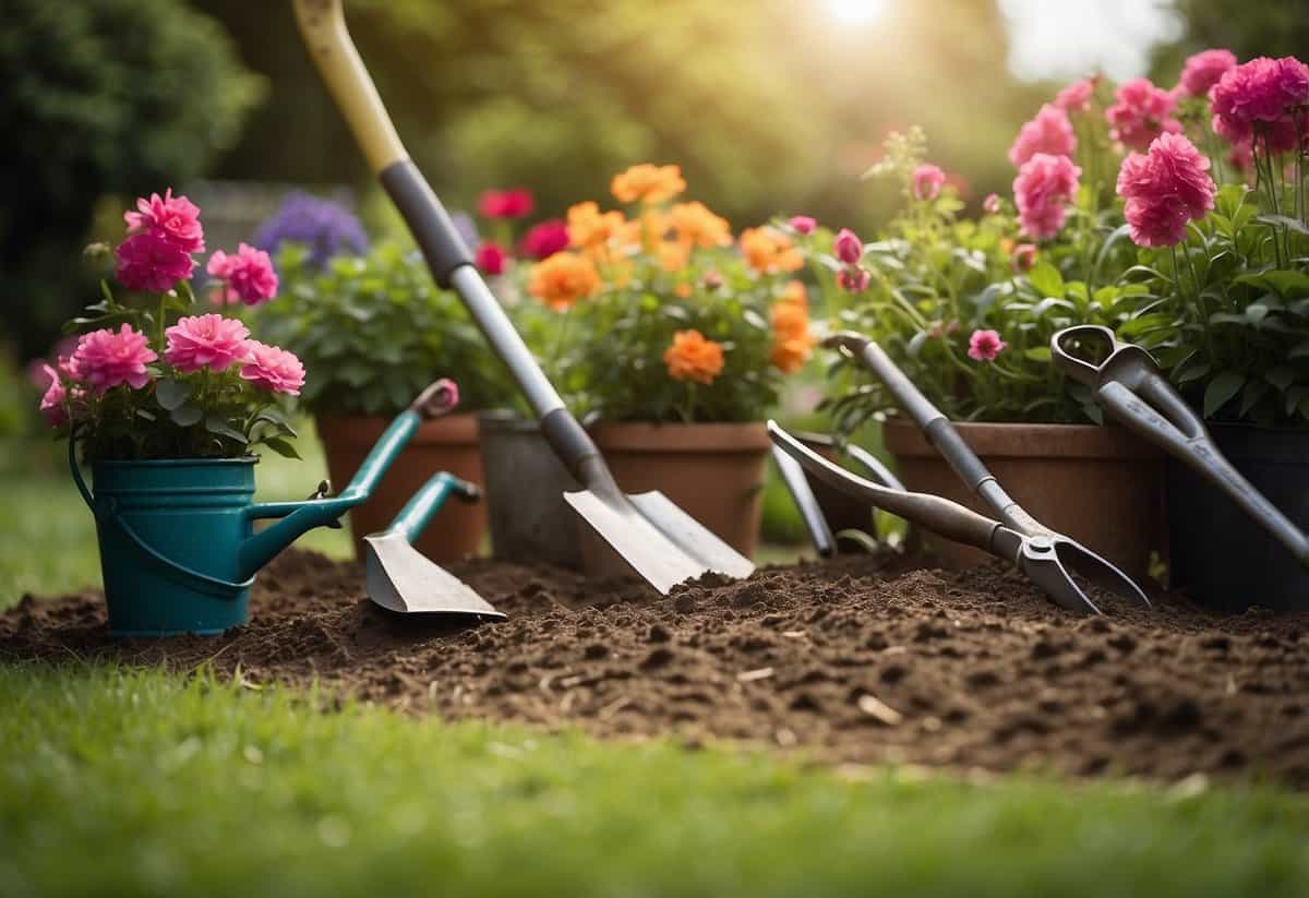 A variety of gardening tools scattered on a well-kept lawn, including a shovel, rake, watering can, and pruning shears. A neatly trimmed hedge and blooming flowers in the background