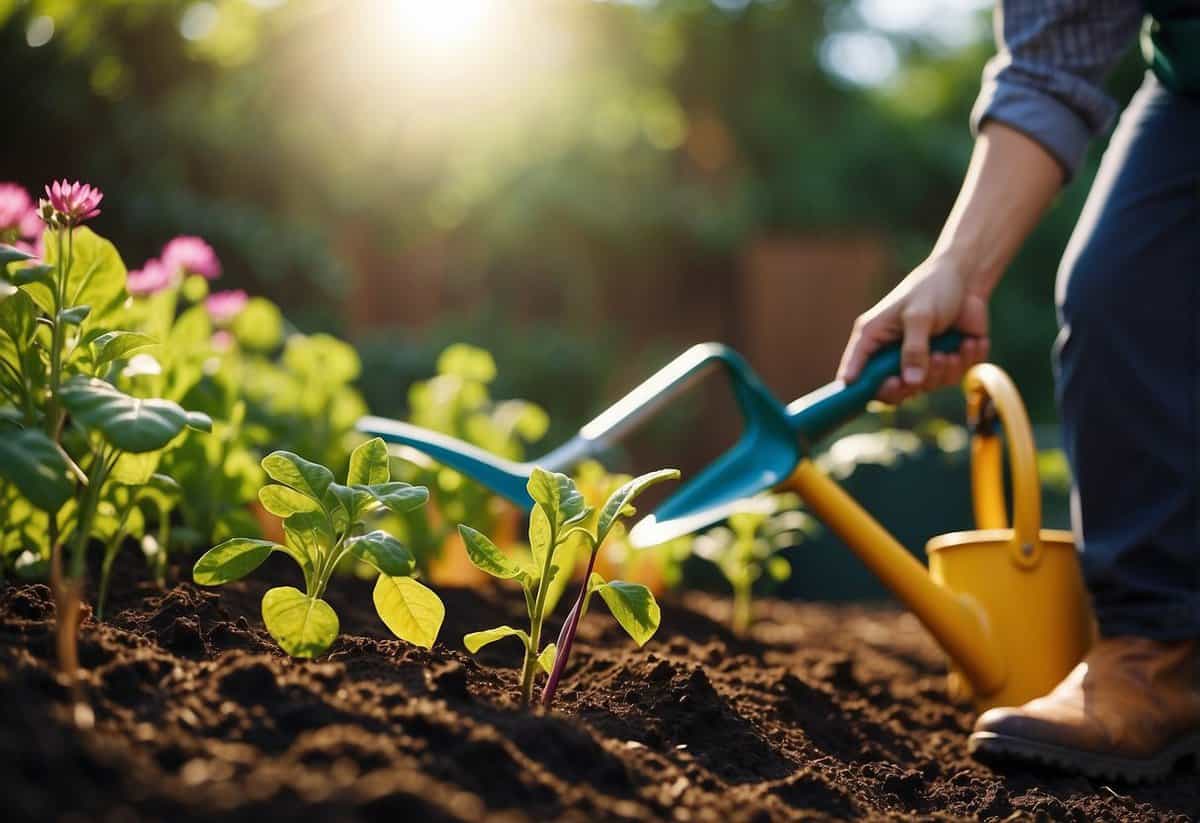 Gardeners bring tools: spade, rake, gloves, watering can. Plants, flowers, and vegetables grow in neat rows. Sunlight filters through the leaves