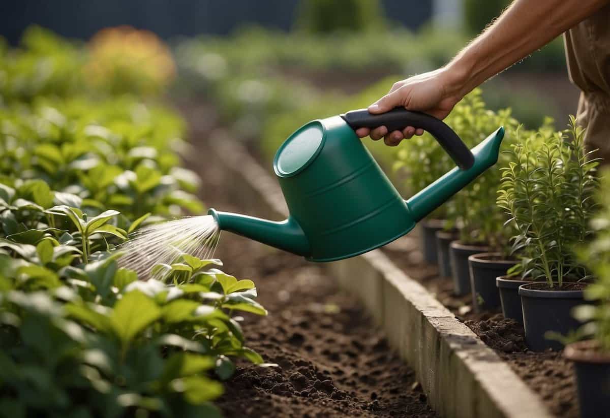 A gardener approaches a row of plants with a watering can and pruning shears