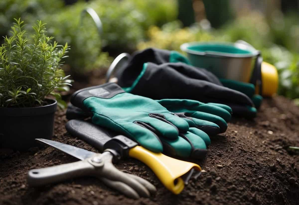 Garden tools laid out with gloves and protective gear nearby