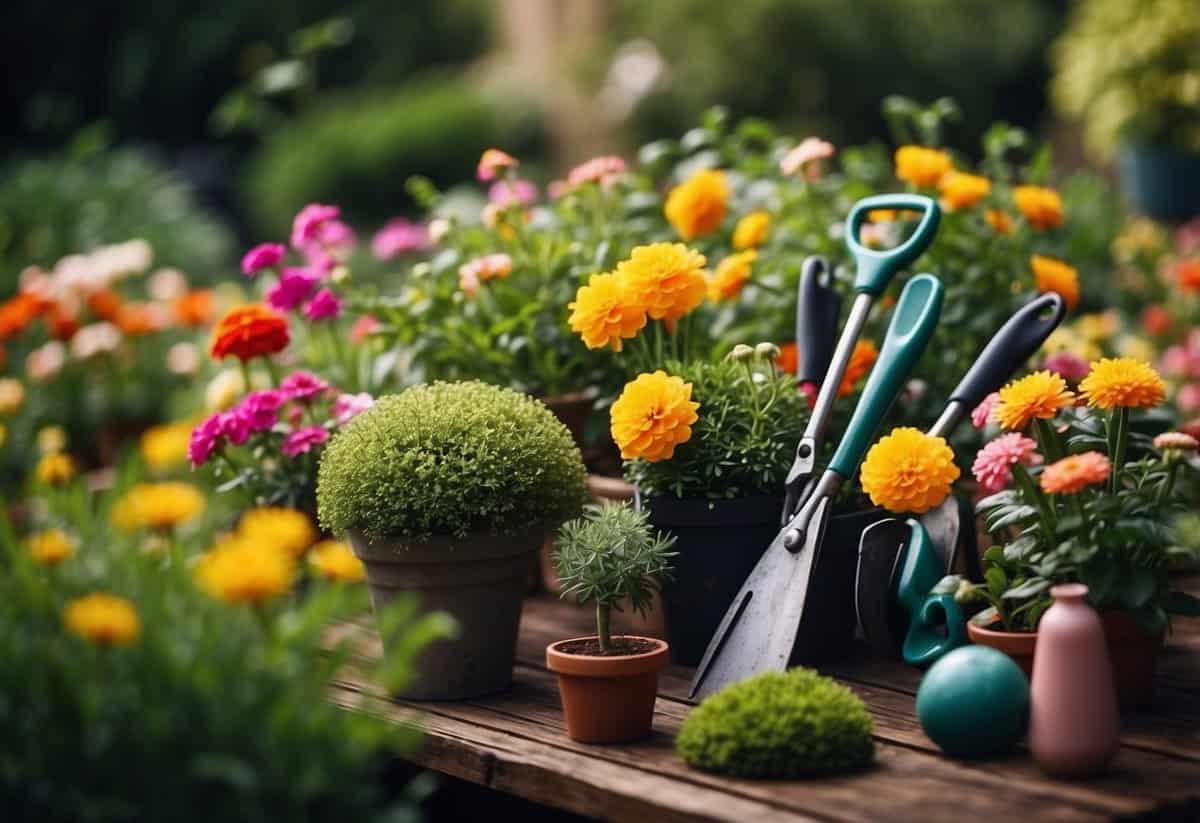 Lush garden with neatly arranged tools and vibrant flowers