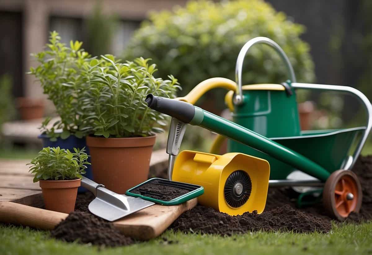 A professional gardener's tools and technology: spade, rake, gloves, watering can, pruning shears, wheelbarrow, and smartphone for plant care apps