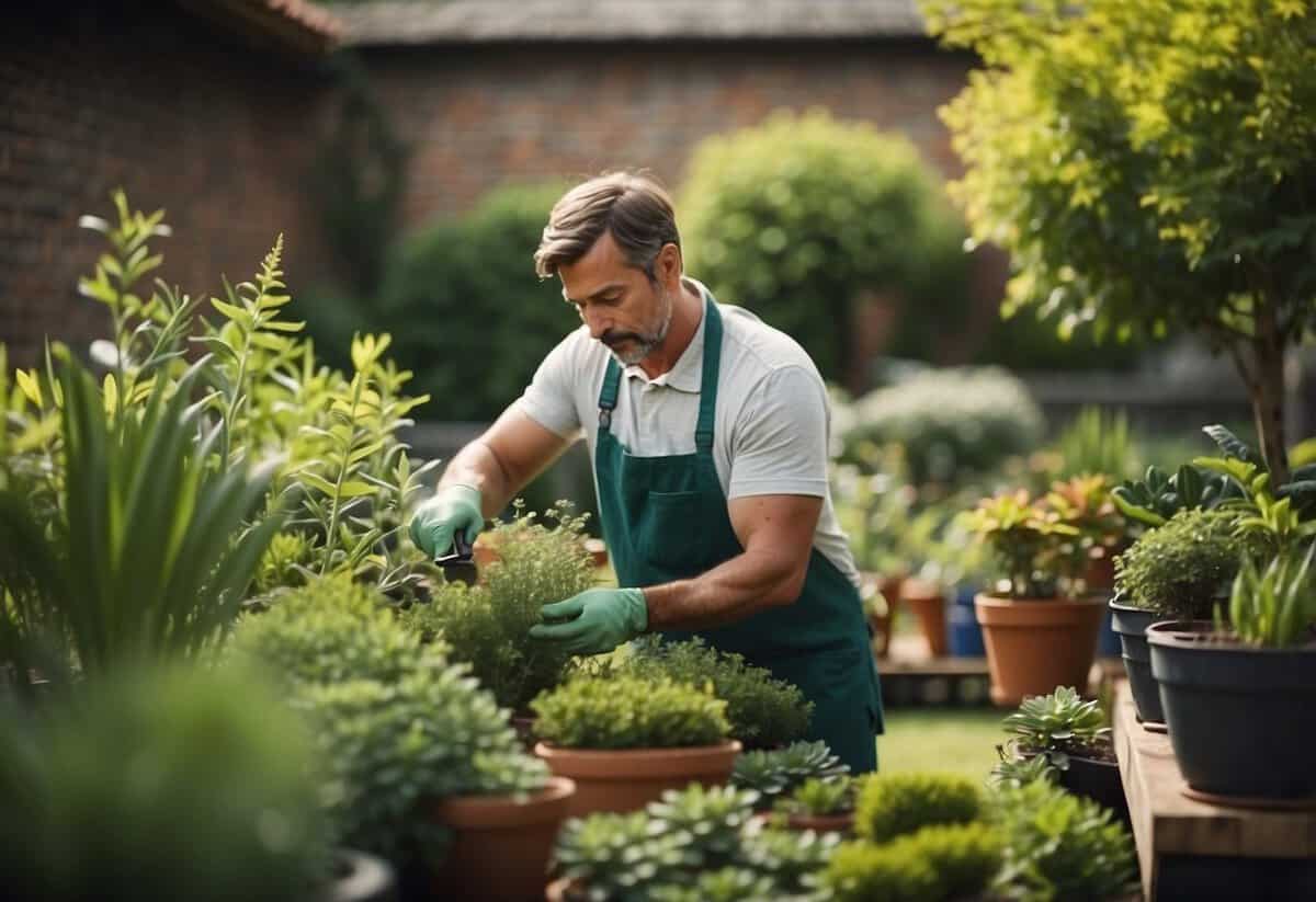 A gardener carefully tends to a variety of plants, using specialized tools and techniques to nurture growth and create a harmonious, thriving garden