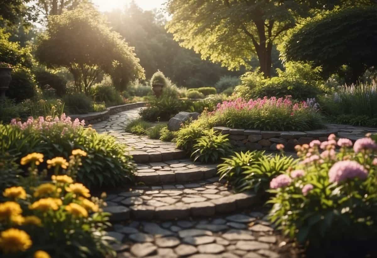 Lush garden with vibrant flowers, serene pond, and winding paths. Sunlight filters through the leaves, creating a peaceful atmosphere