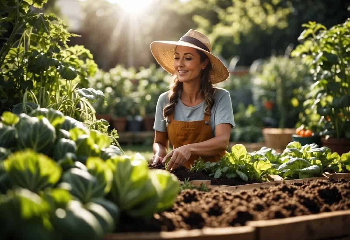 A person tending to a vibrant vegetable garden, surrounded by lush greenery and colorful produce. The sun is shining, and the air is filled with the earthy scent of fresh soil and growing plants