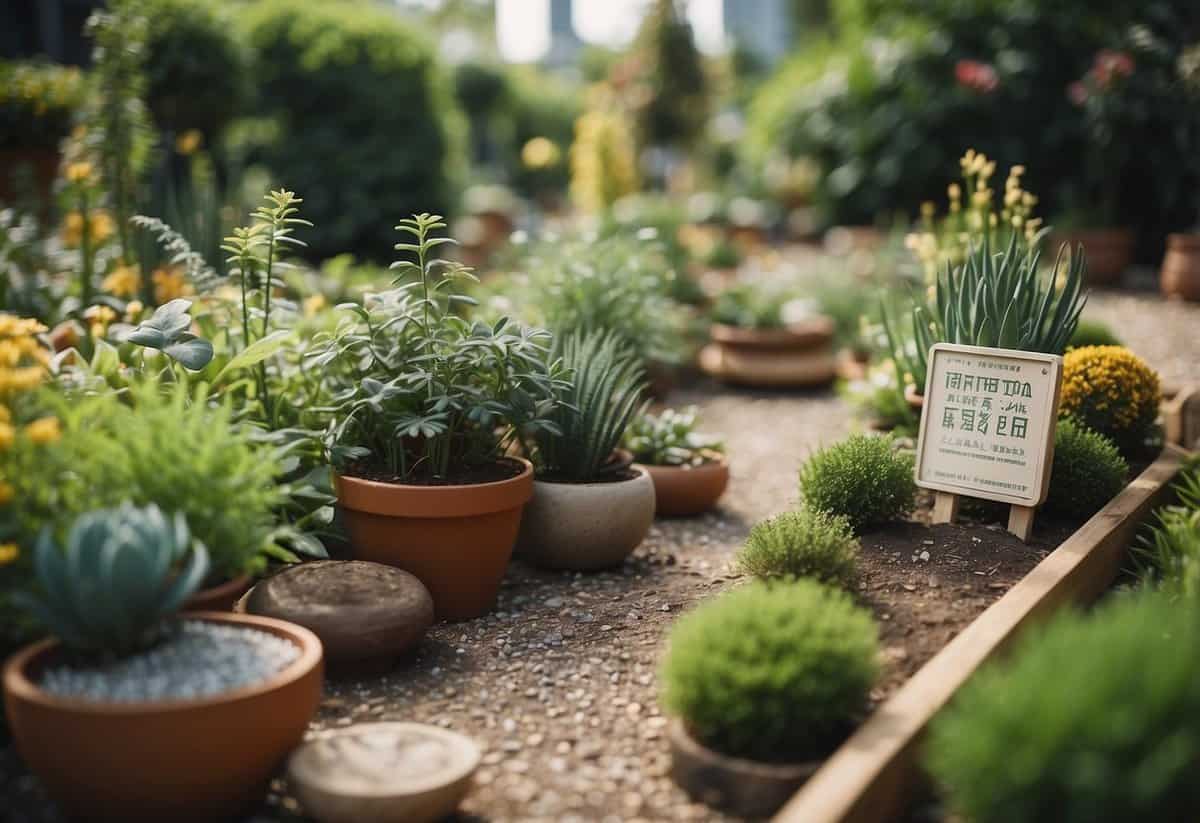 A diverse garden with labeled plants and educational signage, surrounded by cultural symbols and artifacts