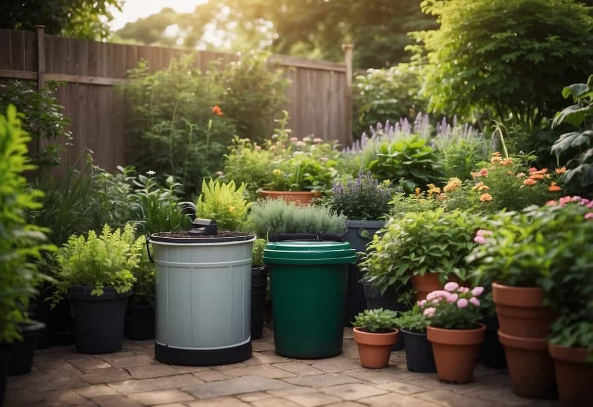 Lush garden with diverse plant life, compost bin, and reusable gardening tools. Evidence of sustainability practices like rain barrels and natural pest control