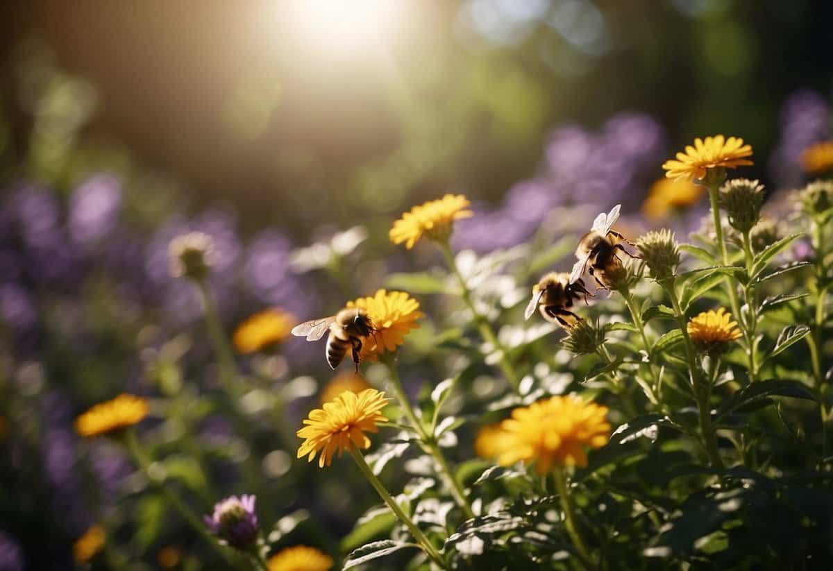 A garden with vibrant flowers, buzzing bees, and rustling leaves. The sun warms the earth, and the scent of soil and blooms fills the air