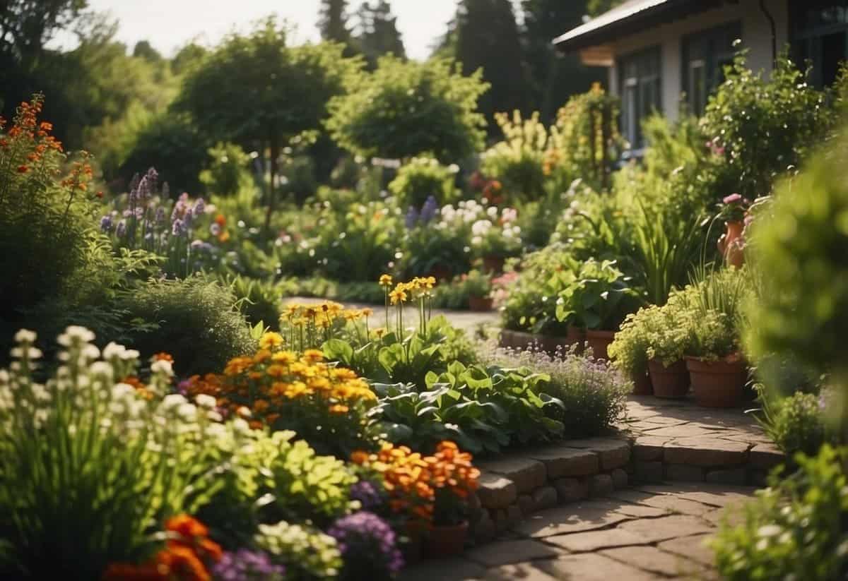 A lush garden with blooming flowers, green plants, and fresh vegetables. A peaceful atmosphere with birds chirping and the sound of water flowing