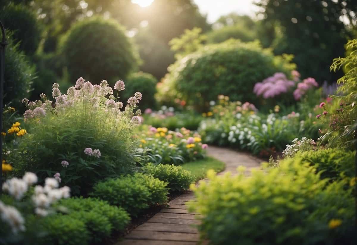 A lush garden with blooming flowers and thriving plants, surrounded by a peaceful and serene atmosphere