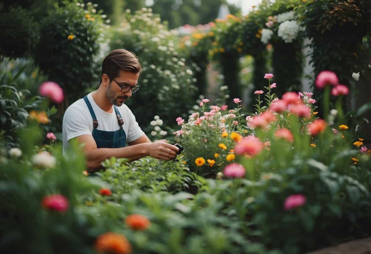 A serene garden with vibrant flowers, lush greenery, and a peaceful atmosphere. A person tending to the plants with care and intention