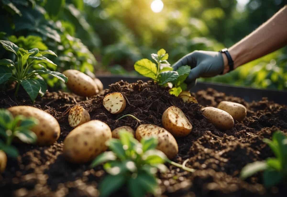 Potato peels being added to a compost pile, surrounded by green plants