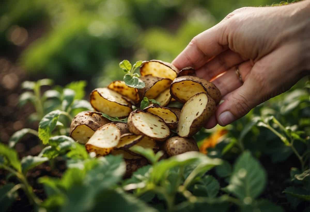 Potato peels scattered around various plants, showing healthy growth