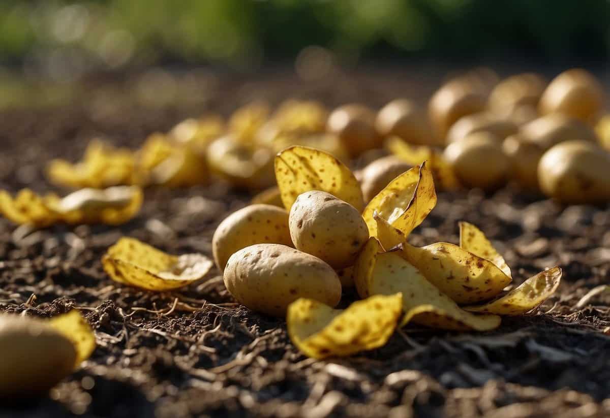 Potato peels scattered around a wilted plant. A separate pile of peels next to a thriving plant