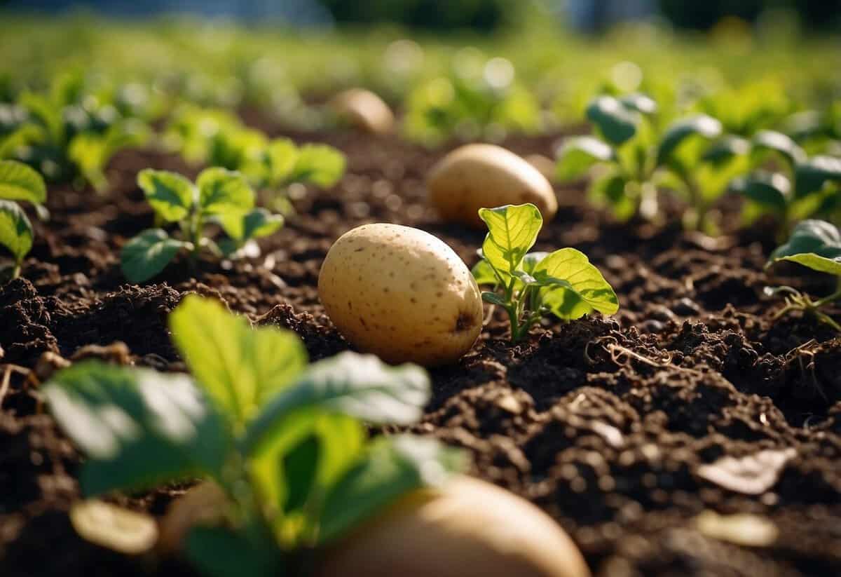 Potato peels scattered around thriving plants in a garden, showcasing sustainable gardening practices