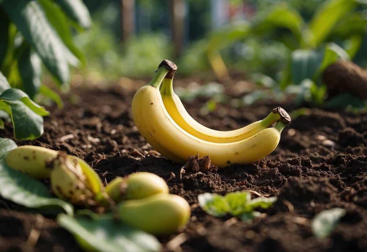 Bananas decompose in a garden, attracting insects and enriching the soil