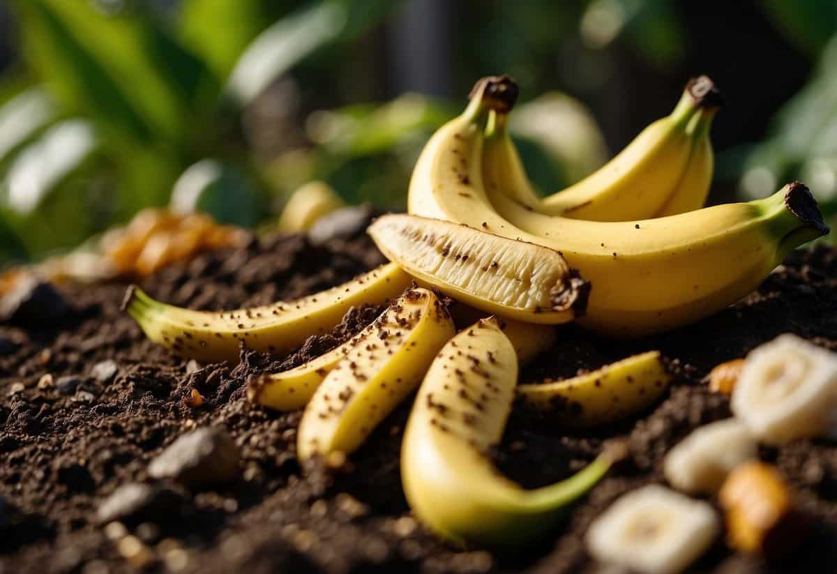 Banana peels and scraps are scattered around a lush garden. Decomposing fruit enriches the soil, attracting earthworms and promoting plant growth