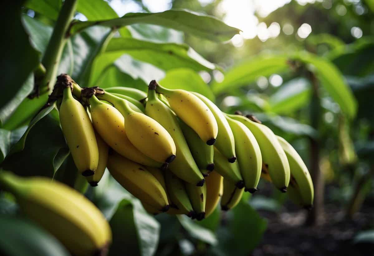 Lush green banana plants thrive in a sunny garden. Ripe yellow bananas hang from the sturdy stalks, surrounded by vibrant foliage