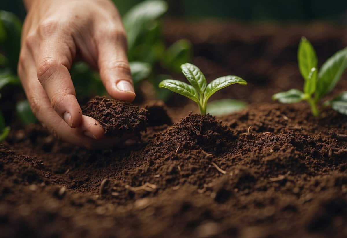 Coffee grounds scattered around plants, soil turning acidic, earthworms avoiding the area, and potential mold growth