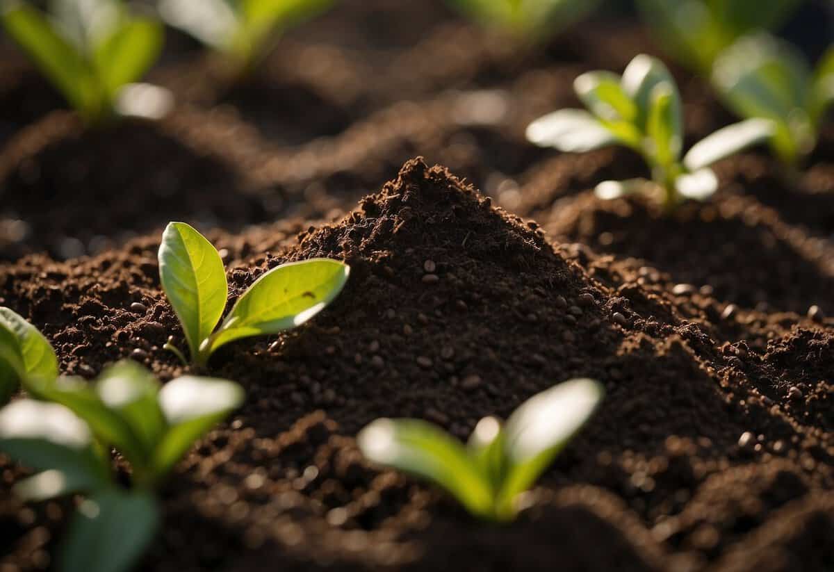 Coffee grounds scattered around plants, but no visible growth improvement. Nearby plants show signs of yellowing and stunted growth