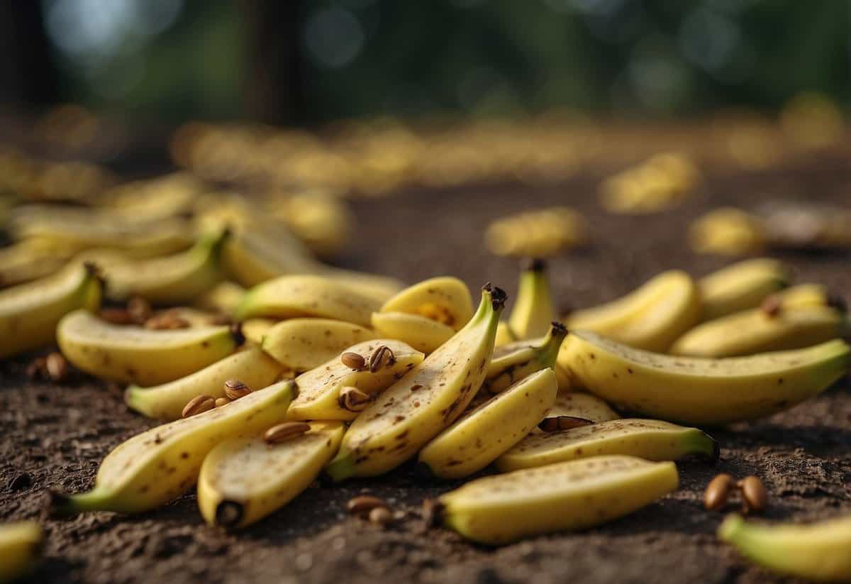 Banana peels repel pests. A pile of banana peels on the ground, with insects and rodents fleeing away from them