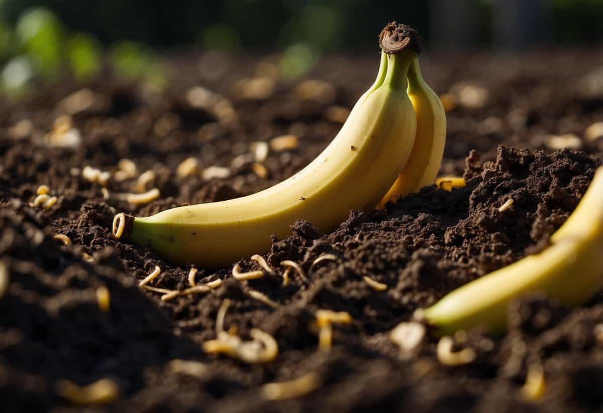 Banana peels decomposing in soil, releasing nutrients. Insects and pests avoiding the decomposing peels