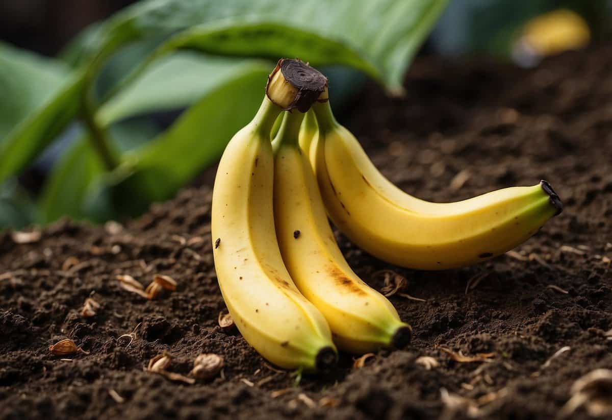 Banana peels repel pests in a colorful garden. They are placed around plants to deter insects and enrich the soil