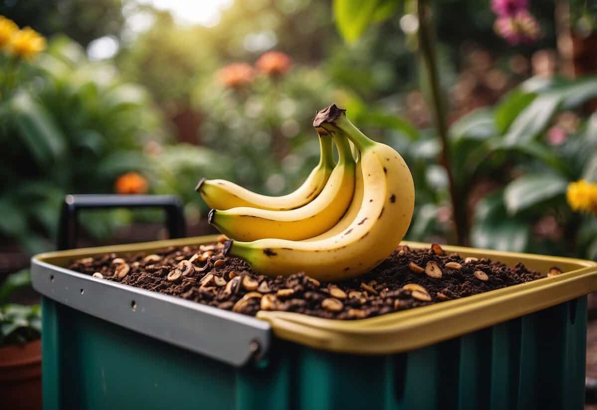 Banana peels repel pests in a lush garden. A compost bin nearby, with vibrant flowers and thriving plants