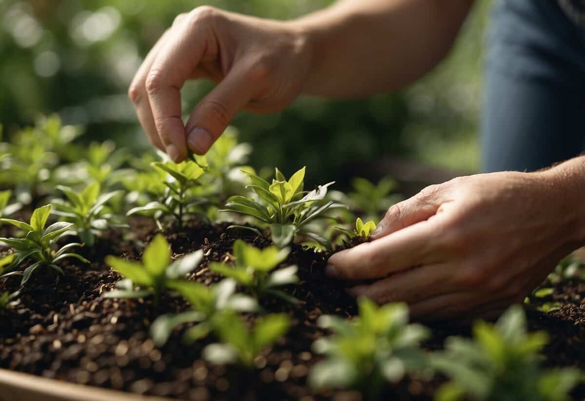 Gardener prepares tea leaves, then sprinkles them around garden plants