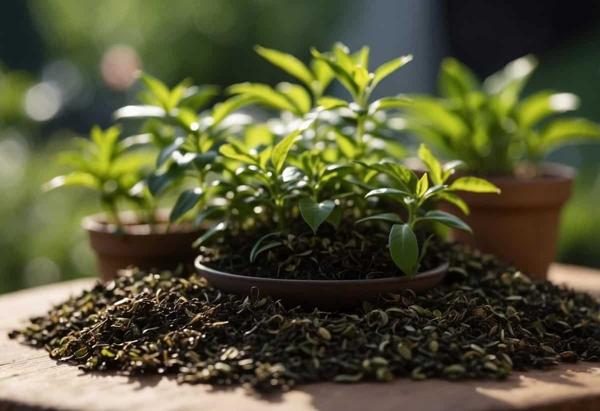 Tea leaves scattered around potted plants. Plants appear healthy and vibrant. Garden tools nearby