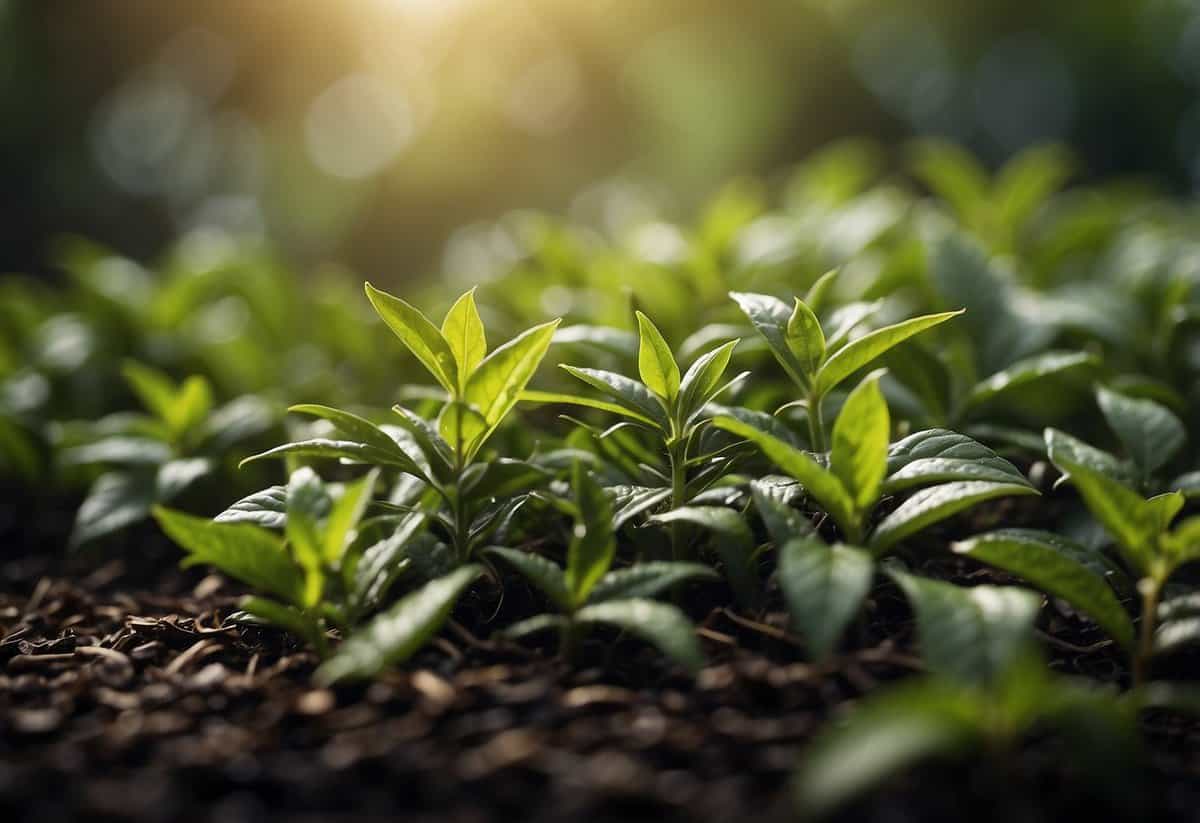 Tea leaves scattered around various plant types