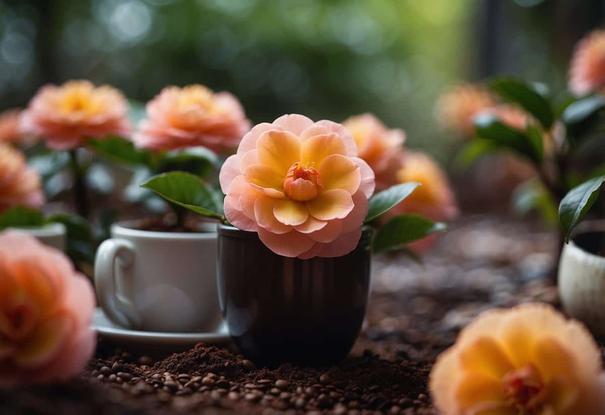 Camellias thrive with coffee grounds. Show a lush garden with vibrant camellias surrounded by scattered coffee grounds