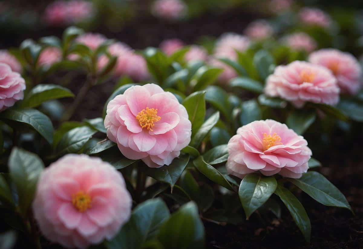 Camellias thrive in a garden bed, surrounded by coffee grounds. The rich, dark soil enhances their growth, with vibrant green leaves and delicate pink blooms