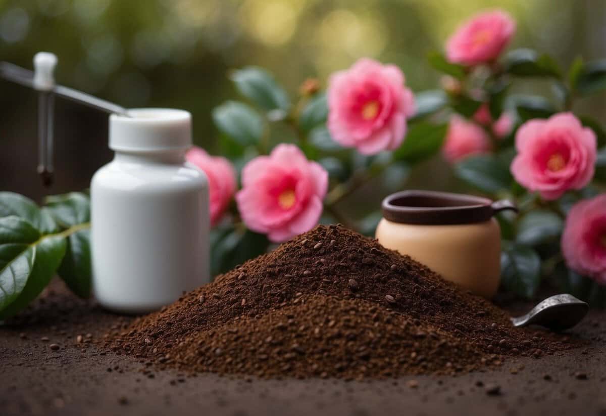 A pile of coffee grounds sits next to a blooming camellia bush. A pH test kit and a small shovel are nearby