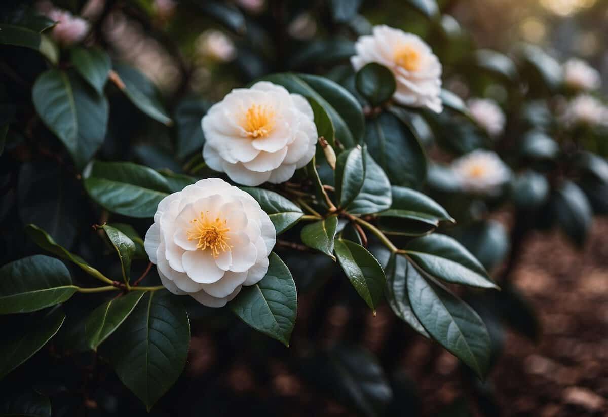 Camellias surrounded by coffee grounds for pest control and protective benefits