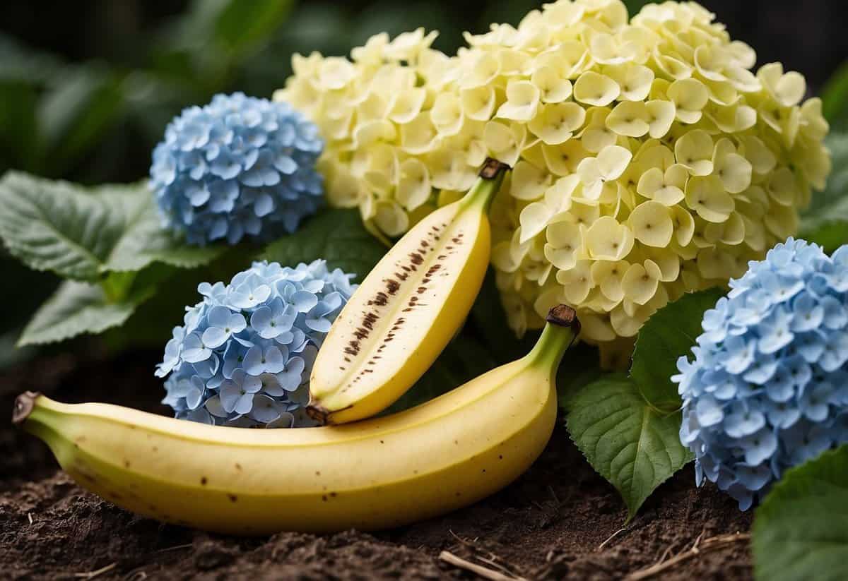 A pile of banana peels next to a blooming hydrangea plant in a garden setting