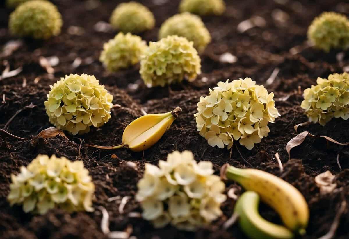 Hydrangeas surrounded by decomposing banana peels, thriving in rich soil