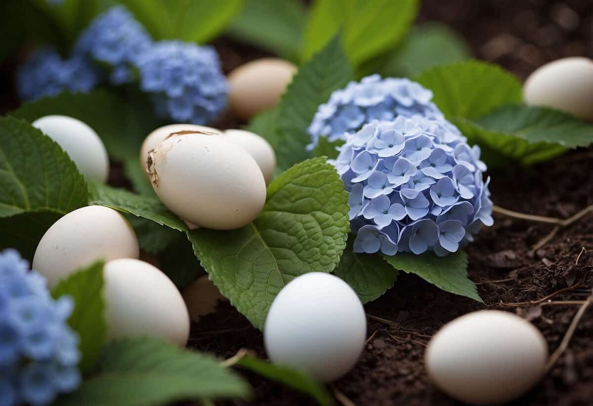 Eggshells scattered around blooming hydrangeas, promoting healthy growth and vibrant colors