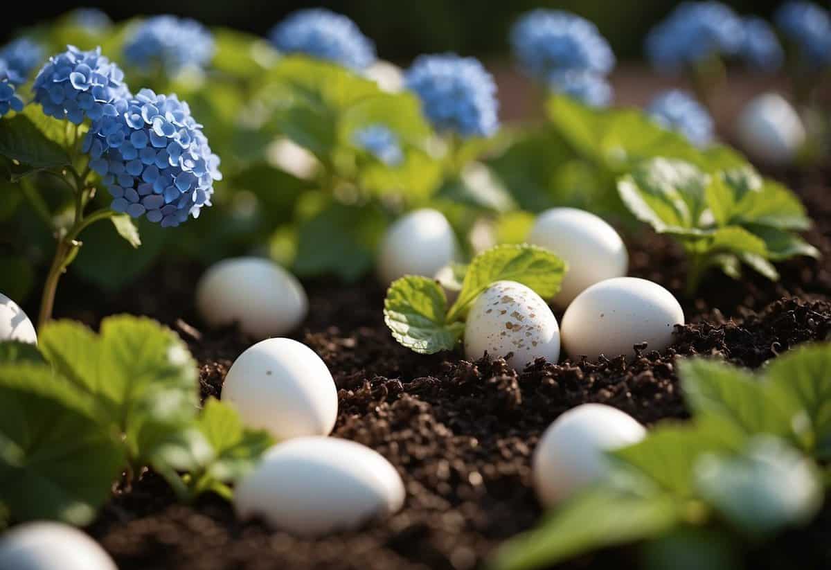 Eggshells scattered around hydrangeas, soil enriched, plants thriving