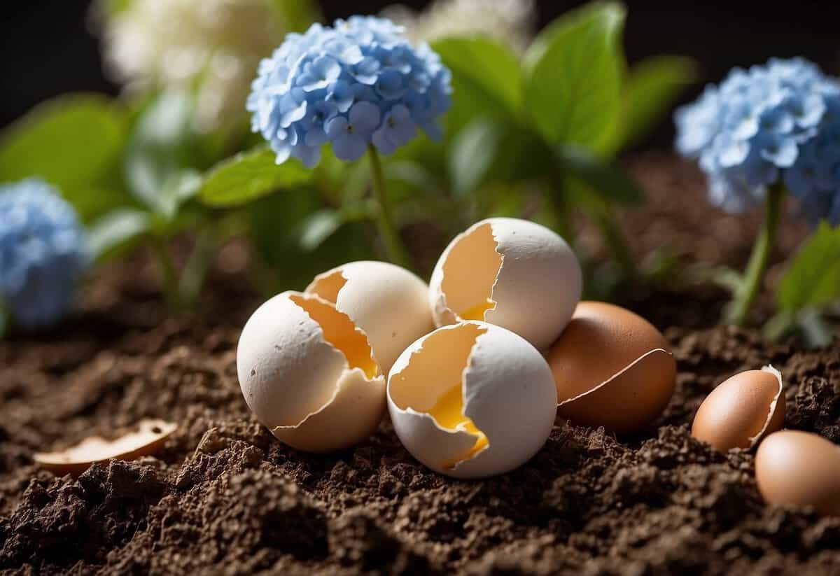 Eggshells provide calcium to hydrangeas, improving soil pH. Illustrate shells breaking down in soil near hydrangea roots