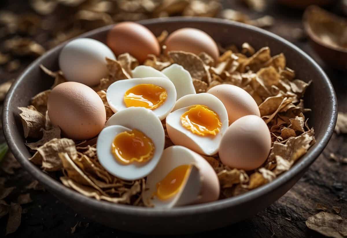 Eggshells crushed in a bowl, surrounded by composting materials