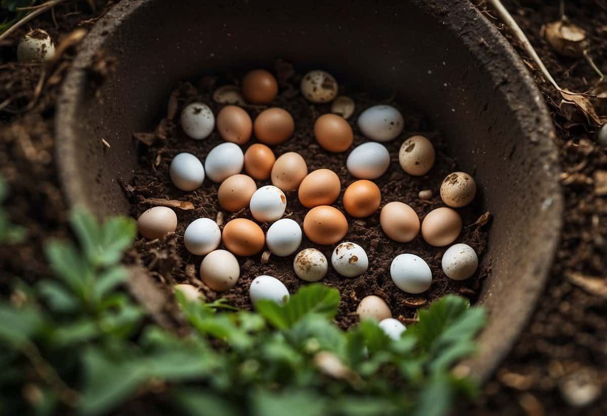 Eggshells scattered among green waste in a compost bin, surrounded by earthy soil and decomposing organic matter