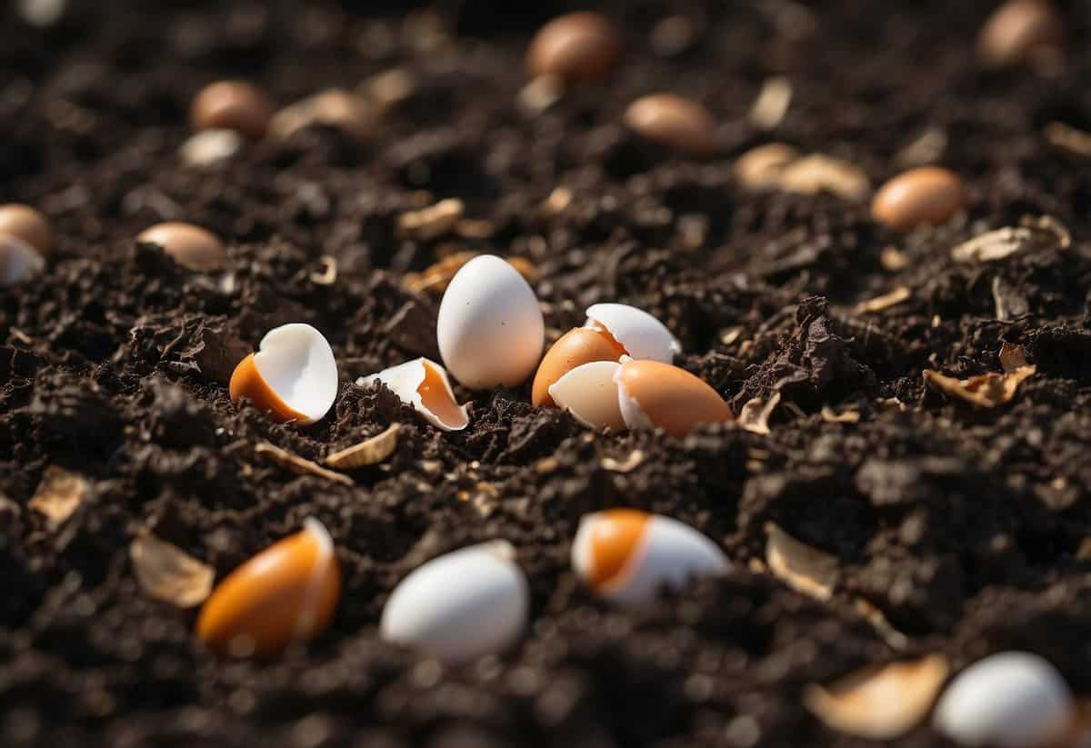 Eggshells in compost pile. Broken shells scattered among organic waste. Question mark hovering above