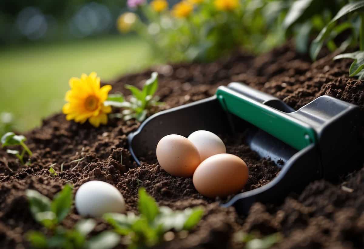 Eggshells scattered among garden soil, surrounded by green plants and flowers. A compost bin sits nearby, with a shovel and gardening gloves